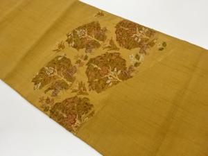 手織り紬樹木に花・鹿模様織出し名古屋帯
